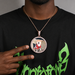 A model wearing a round custom photo pendant
