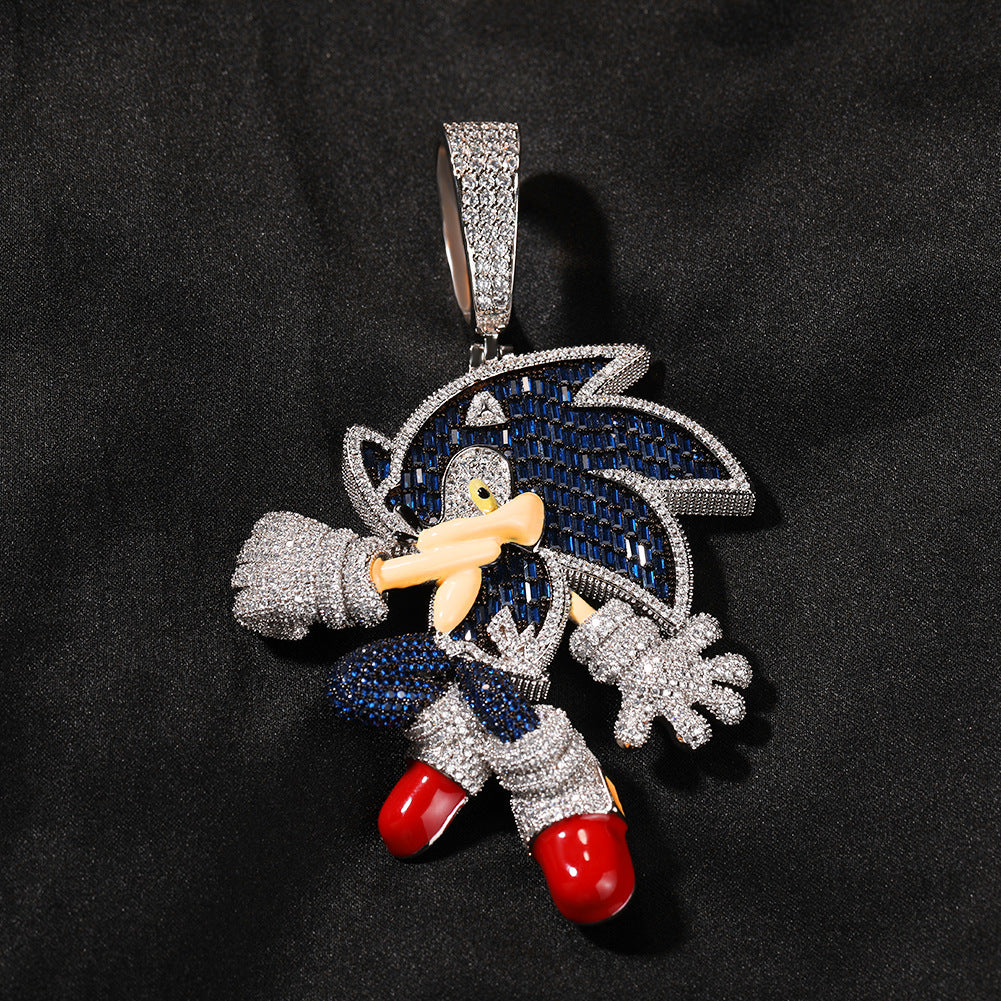 Silver-tone cartoon hedgehog pendant with blue and multicolor stones