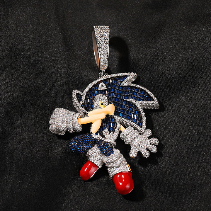 Silver-tone cartoon hedgehog pendant with blue and multicolor stones