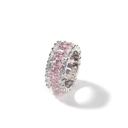 Pink-stone three-row oval ring standing on a white background