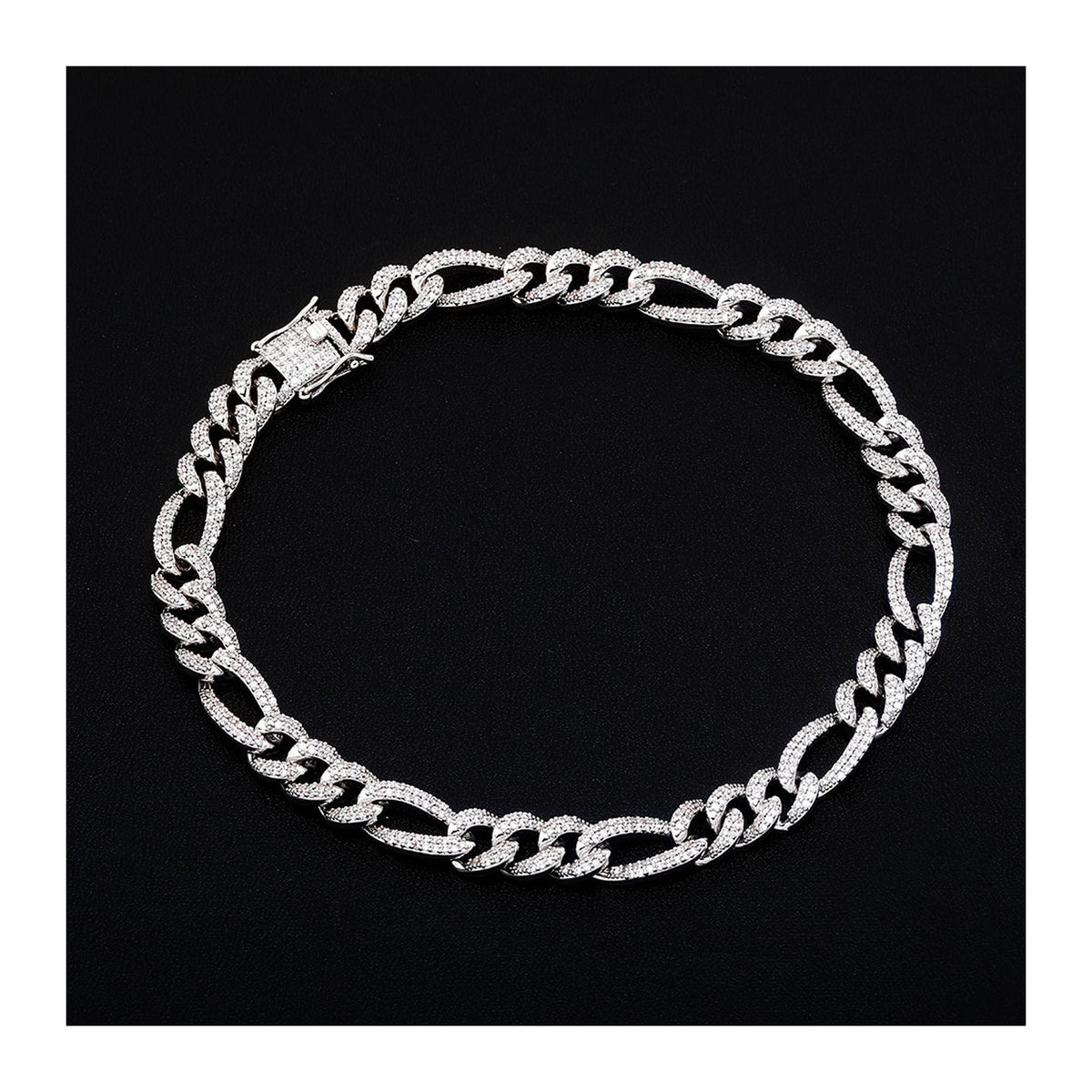 10mm silver iced out Figaro chain on a black background