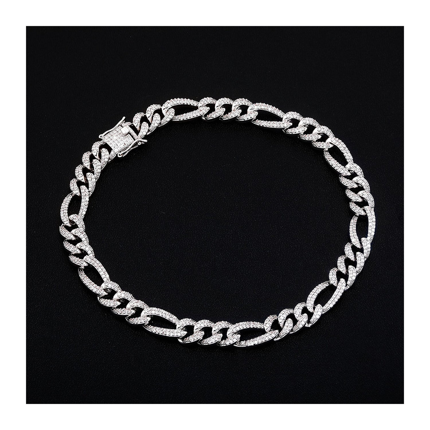 10mm silver iced out Figaro chain on a black background