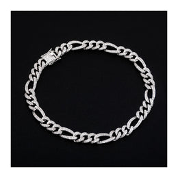 10mm silver iced out Figaro chain on a black background