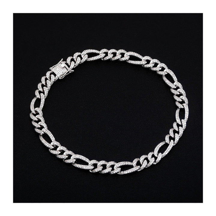 10mm silver iced out Figaro chain on a black background