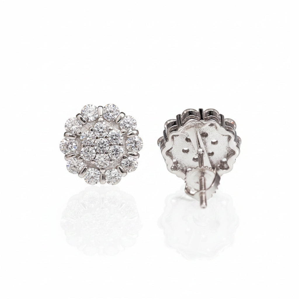 Silver 11mm flower moissanite stud earring front and screw-back view