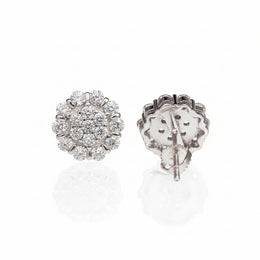 Silver 11mm flower moissanite stud earring front and screw-back view