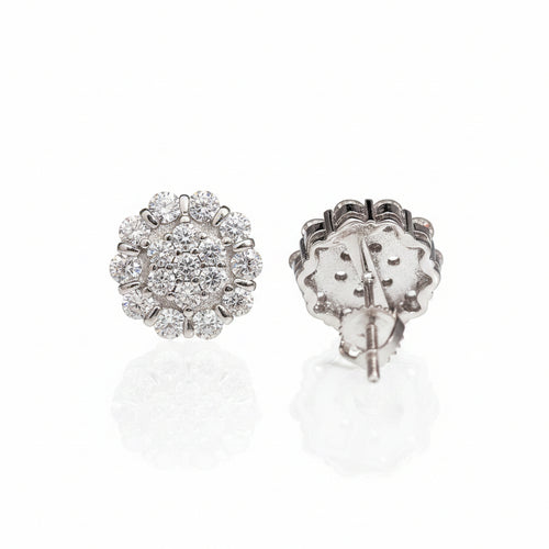 Silver 11mm flower moissanite stud earring front and screw-back view