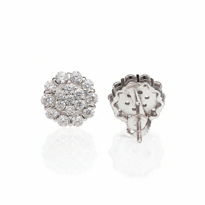 Silver-tone flower-cluster stud earrings showing front and screw back