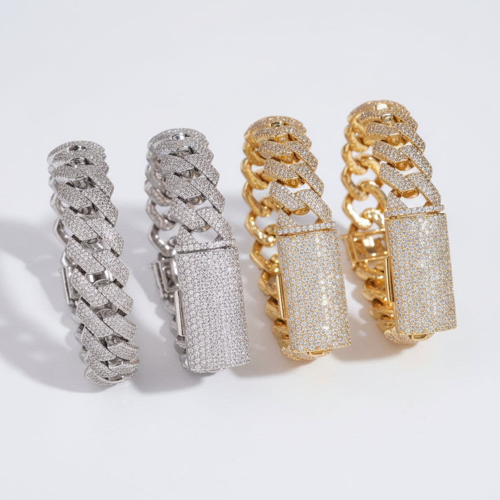 Silver and gold 4-row iced Cuban bracelets with wide stone-covered clasps