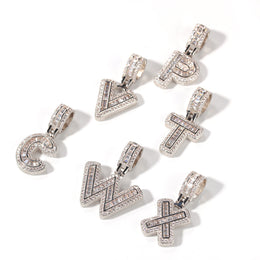 Silver iced baguette initial pendant letter selection
