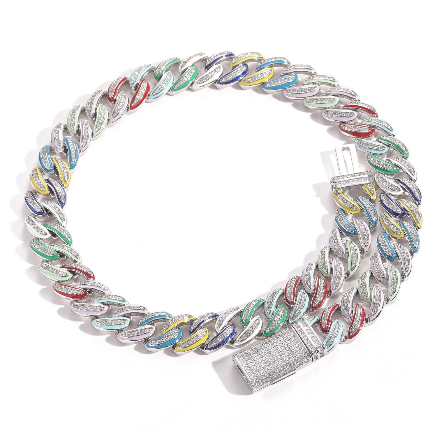 Silver 15mm multicolor enamel iced Cuban chain on white