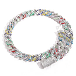 Silver 15mm multicolor enamel iced Cuban chain on white