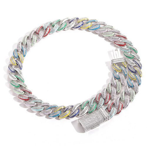 Silver 15mm multicolor enamel iced Cuban chain on white