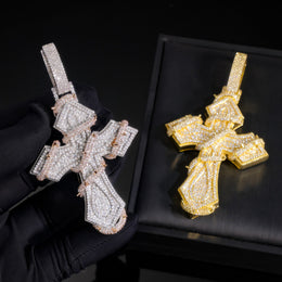 Silver and Rose Gold and Gold iced thorn-wrapped cross pendants