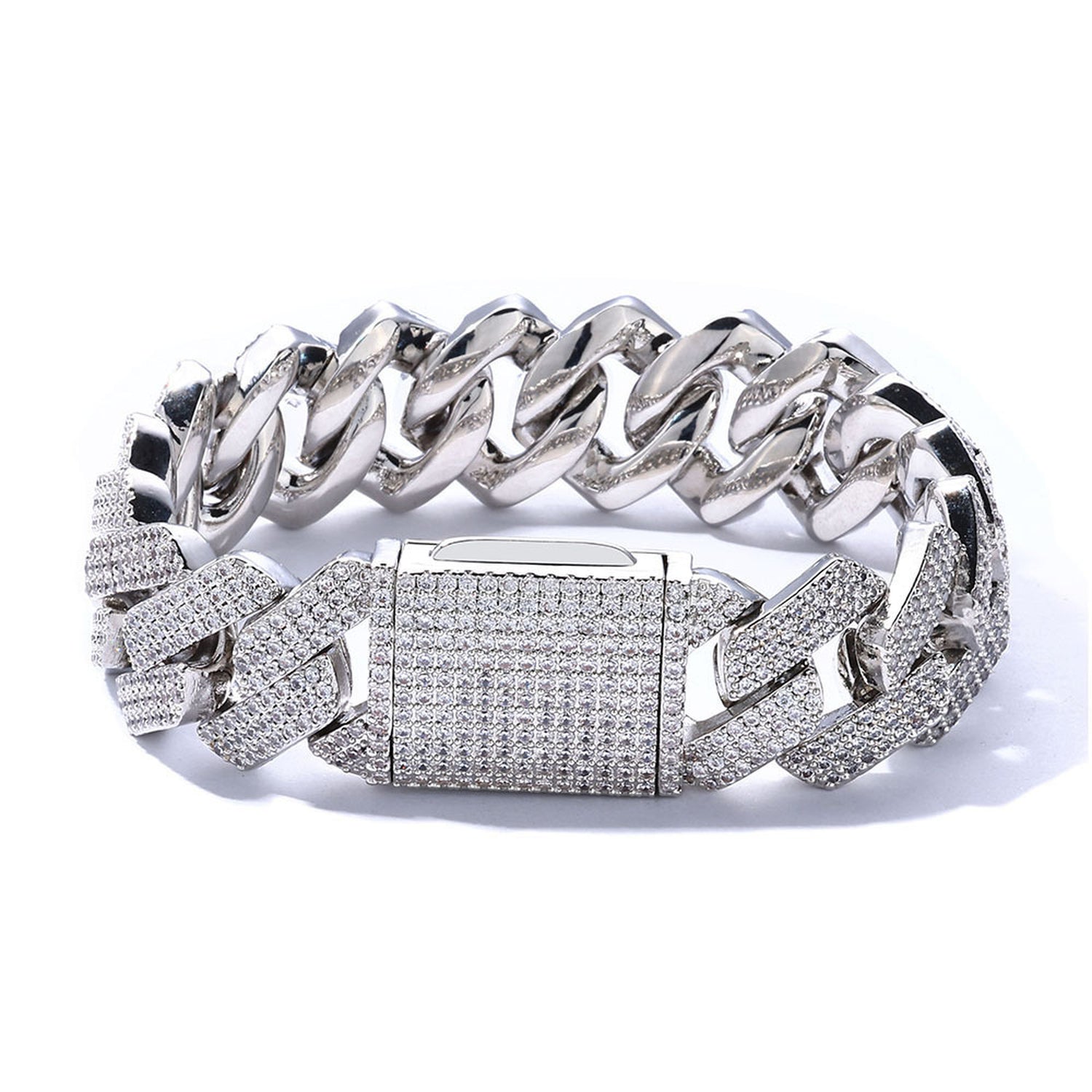 Silver 20mm iced Cuban link bracelet with three rows of CZ stones