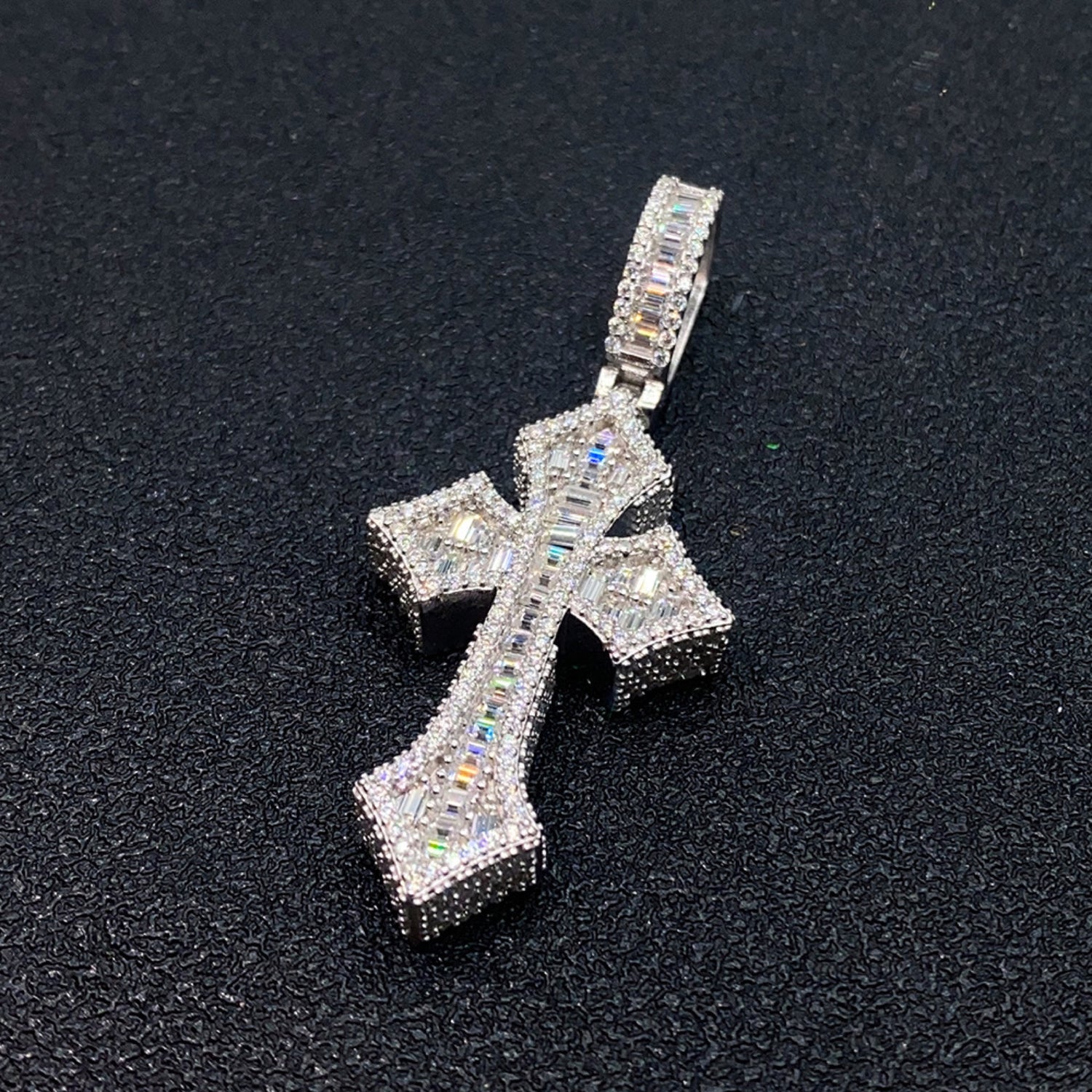 Silver Gothic Moissanite cross pendant front view