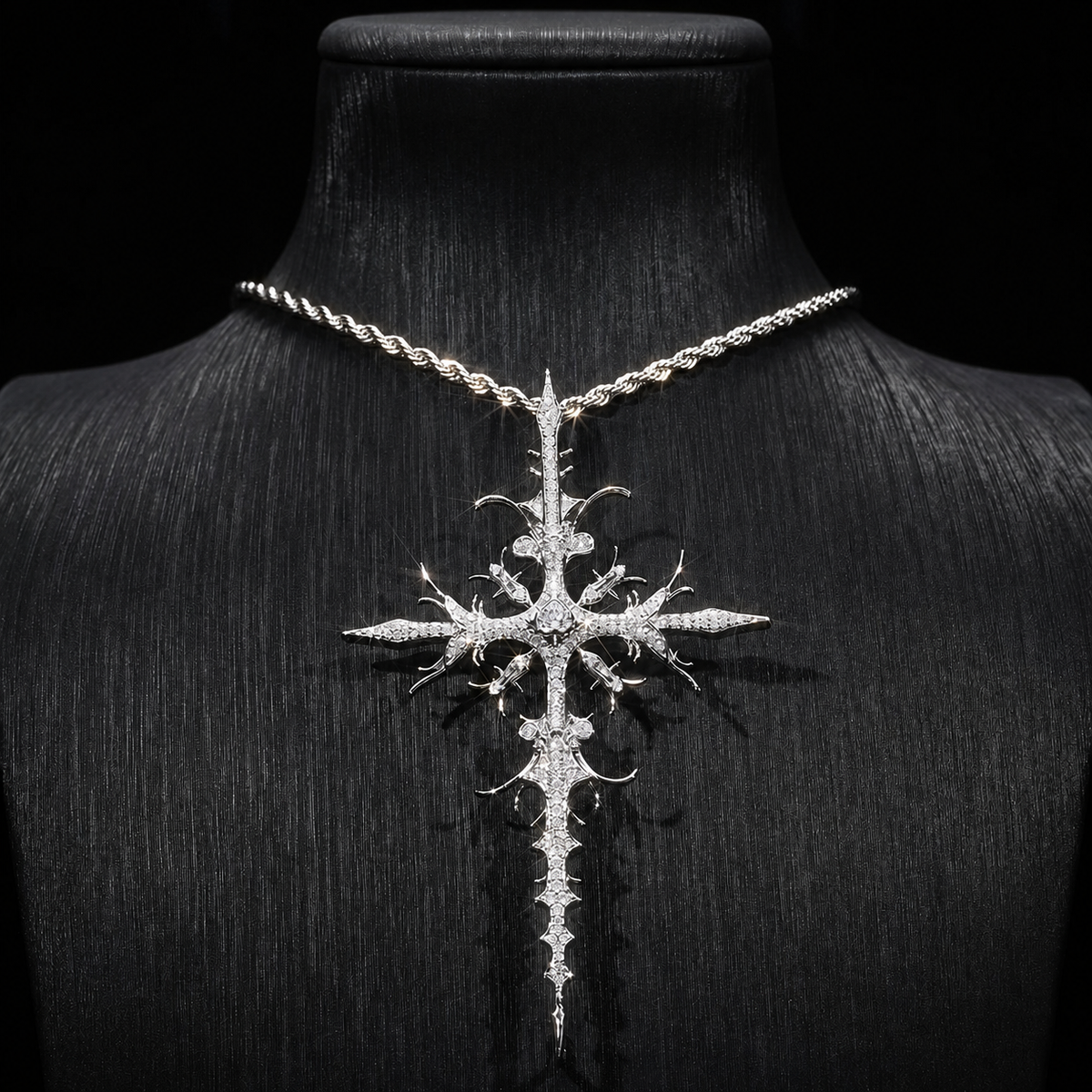 Silver iced thorn cross pendant displayed on black bust