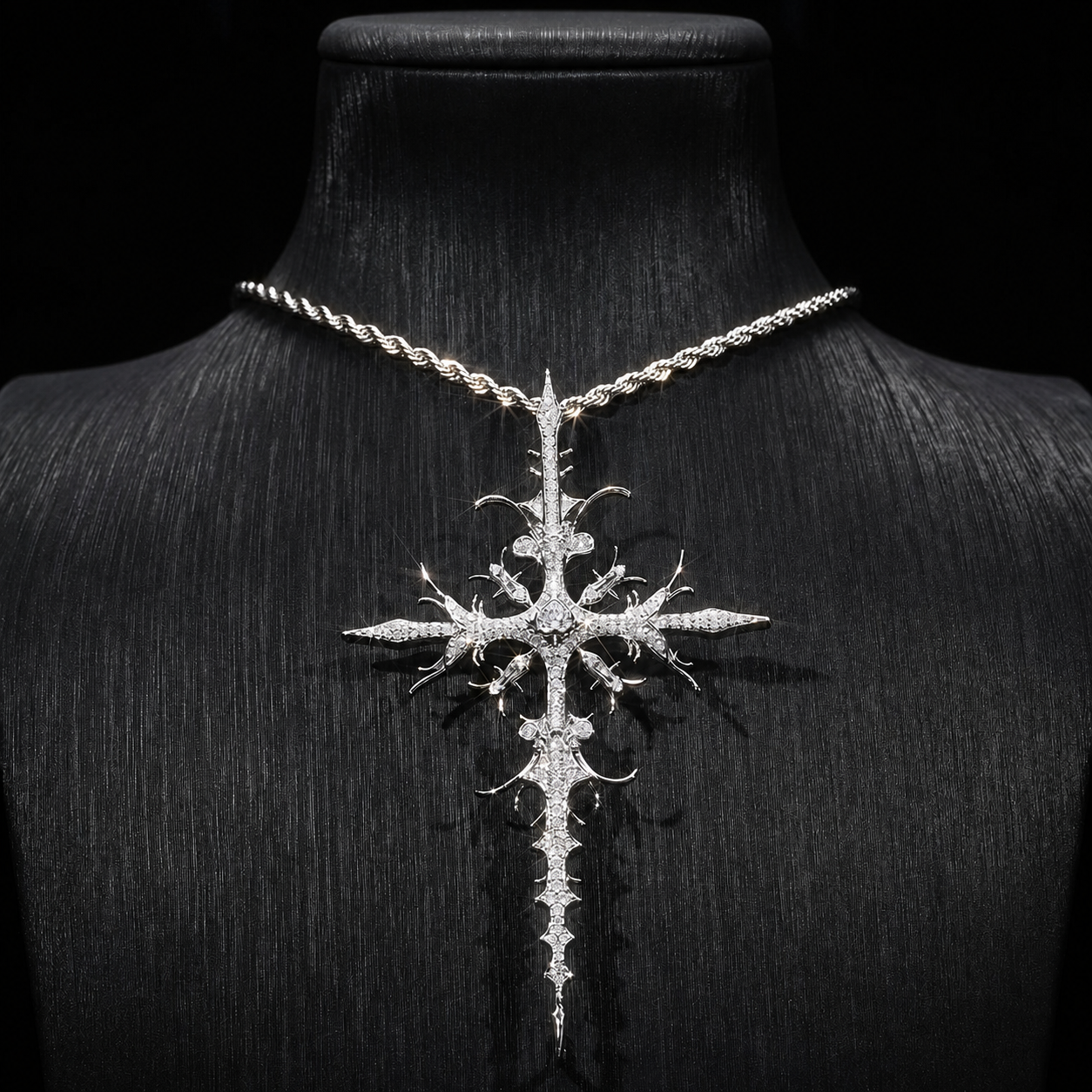 Silver iced thorn cross pendant displayed on black bust