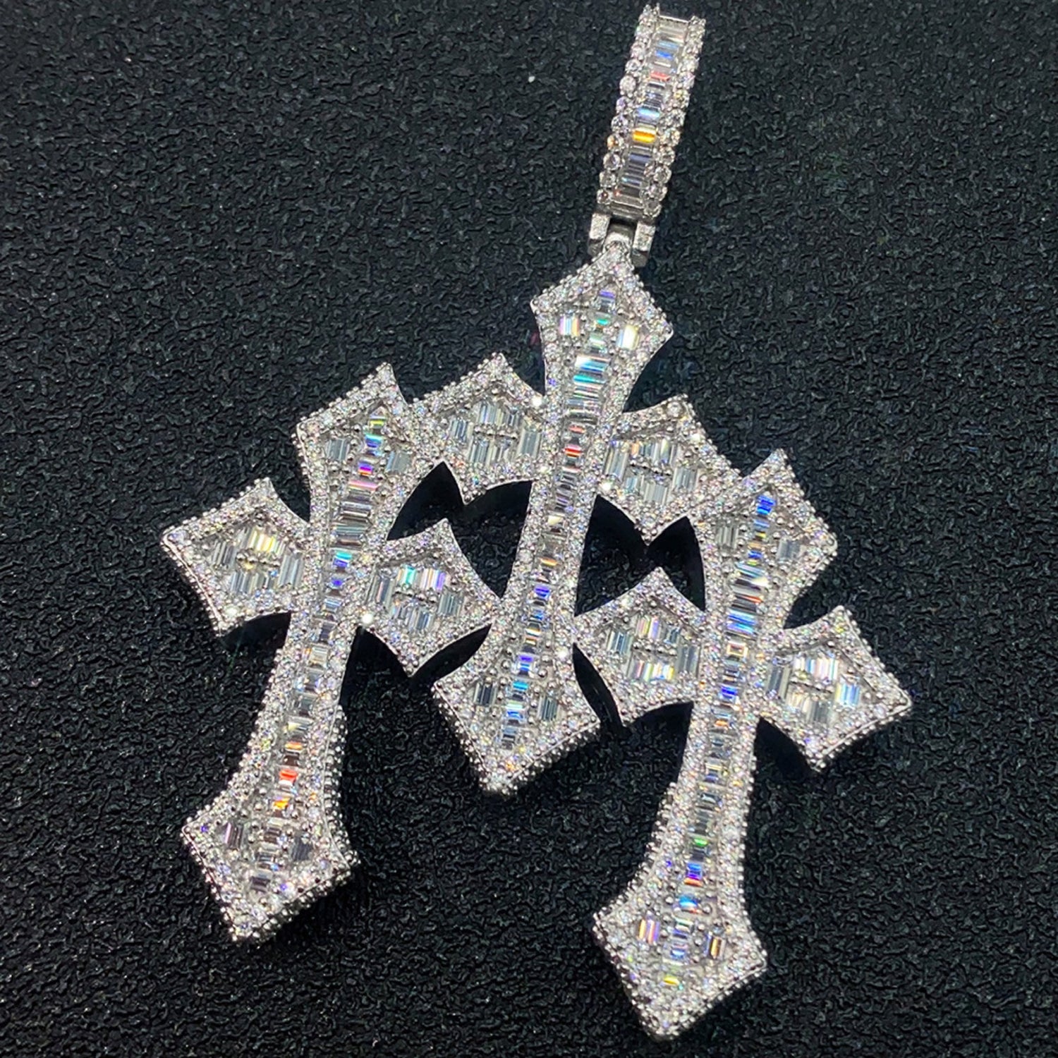 Silver triple Gothic Moissanite cross pendant front view