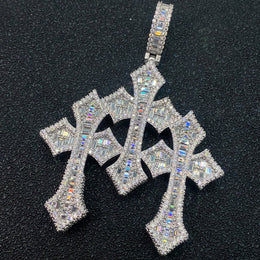 Silver triple Gothic Moissanite cross pendant front view