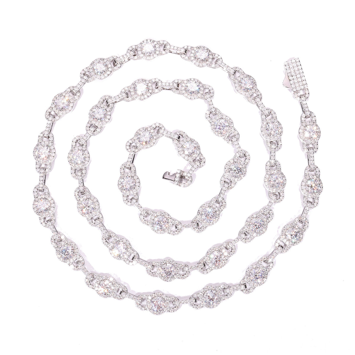 Silver-tone moissanite halo link chain coiled on white with the box clasp visible