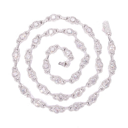 Silver-tone moissanite halo link chain coiled on white with the box clasp visible