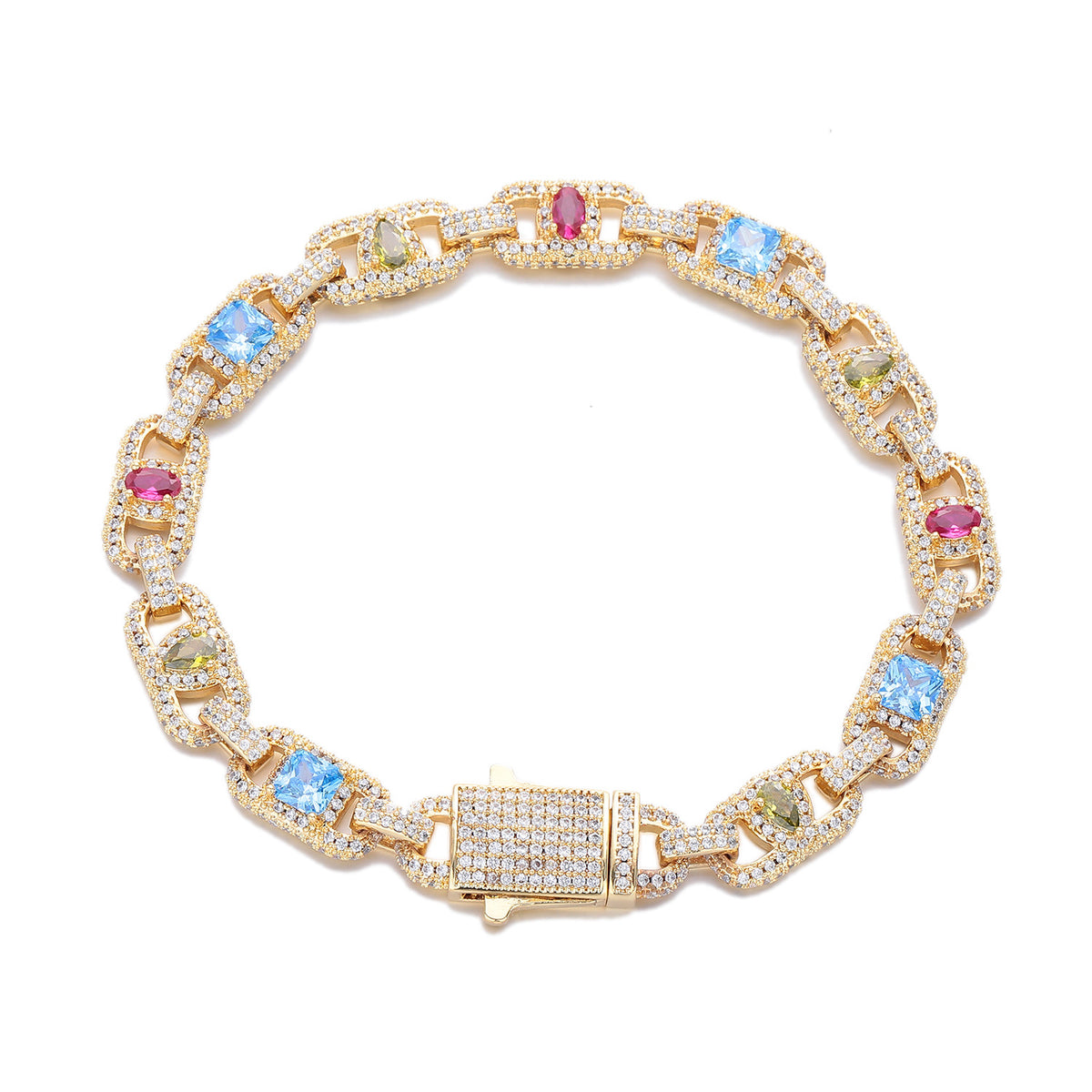 Gold-tone multicolor open link bracelet with a stone-set box clasp on white