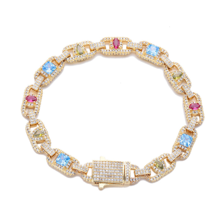 Gold-tone multicolor open link bracelet with a stone-set box clasp on white