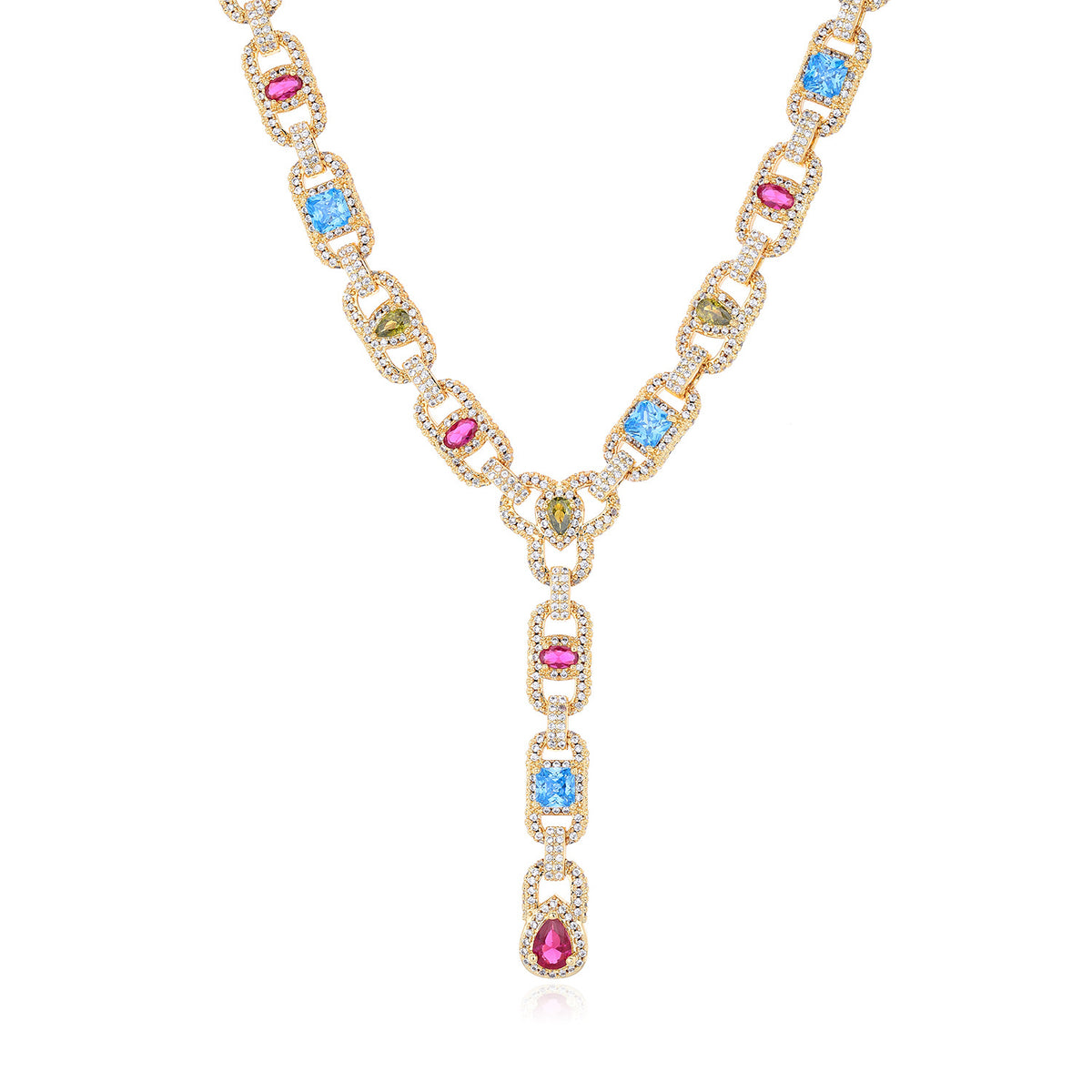Gold-tone lariat necklace front detail with blue, pink and pale-yellow stones
