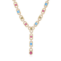 Gold-tone lariat necklace front detail with blue, pink and pale-yellow stones