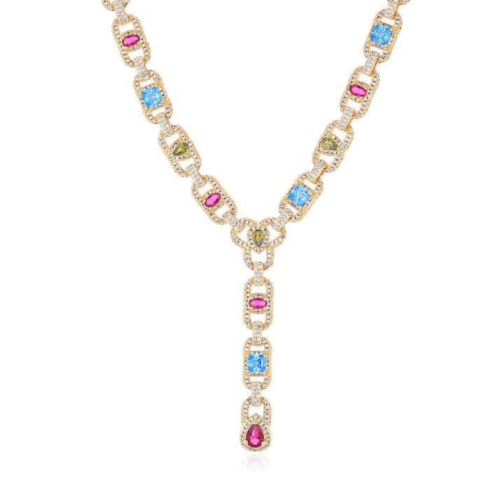 Gold-tone lariat necklace front detail with blue, pink and pale-yellow stones