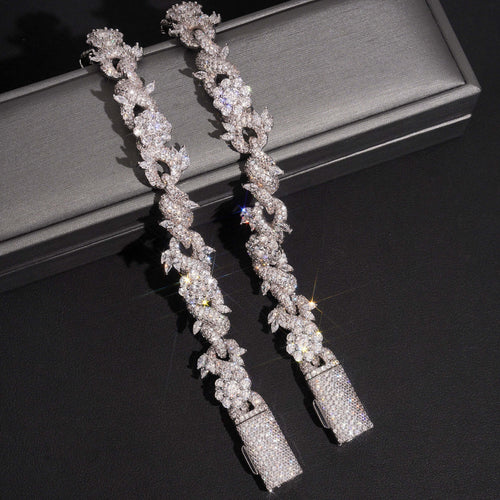 Detailed view of 15mm silver iced flower Cuban chains