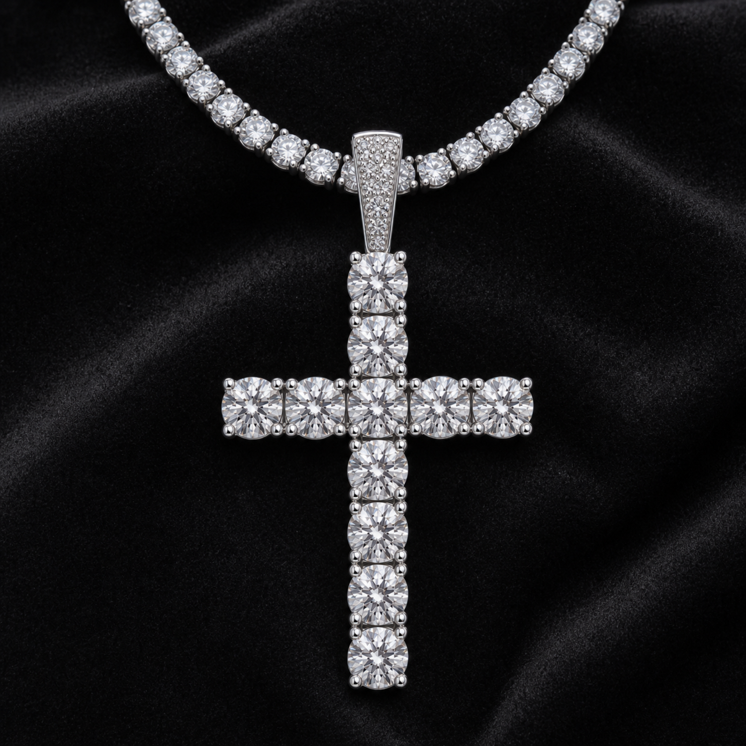 5mm moissanite cross pendant with 3mm tennis chain on black velvet