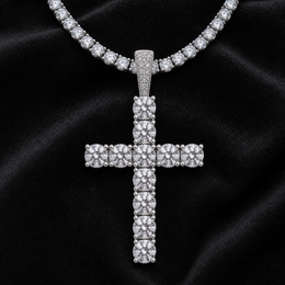 5mm moissanite cross pendant with 3mm tennis chain on black velvet