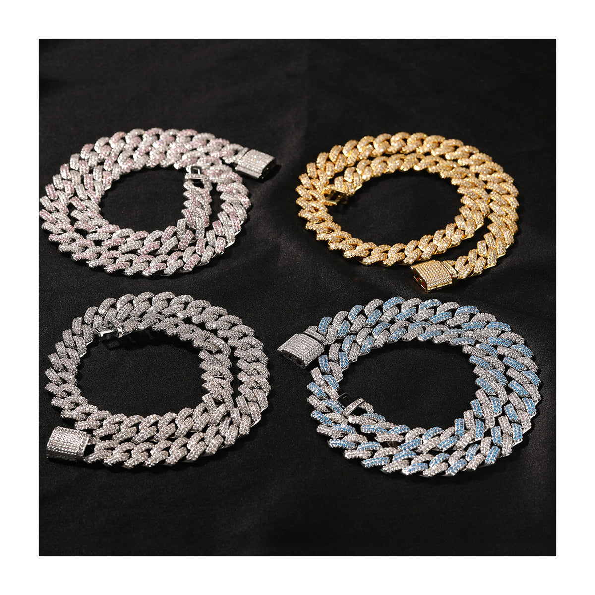 13mm iced geometric Cuban chain bracelet and necklace on white background