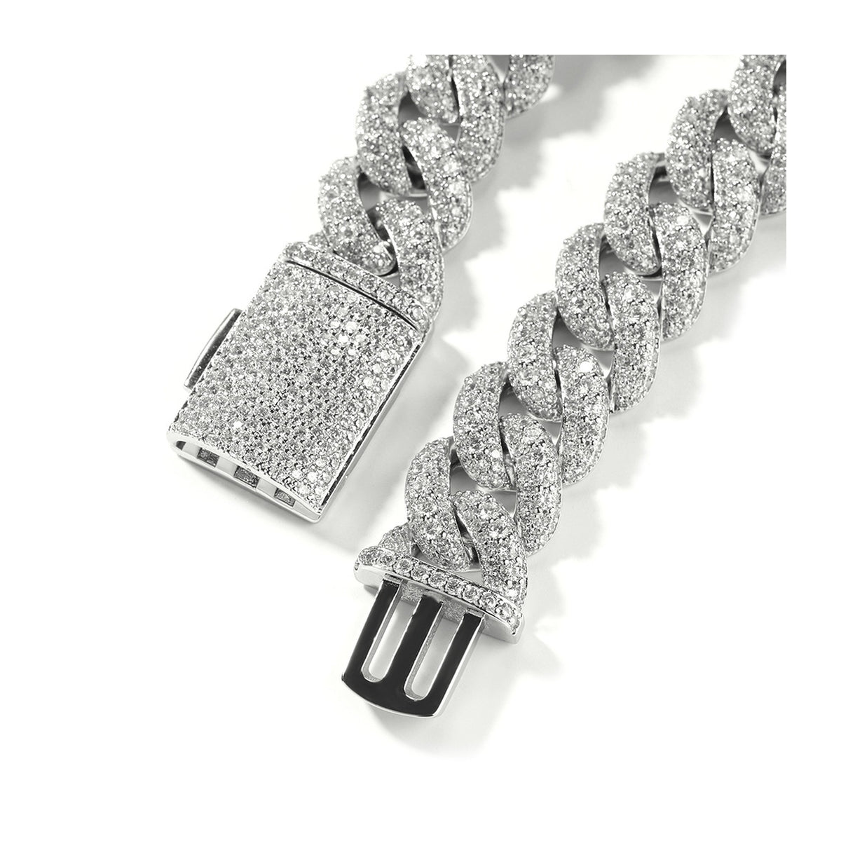 Iced box clasp Cuban chain bracelet and necklace on white background