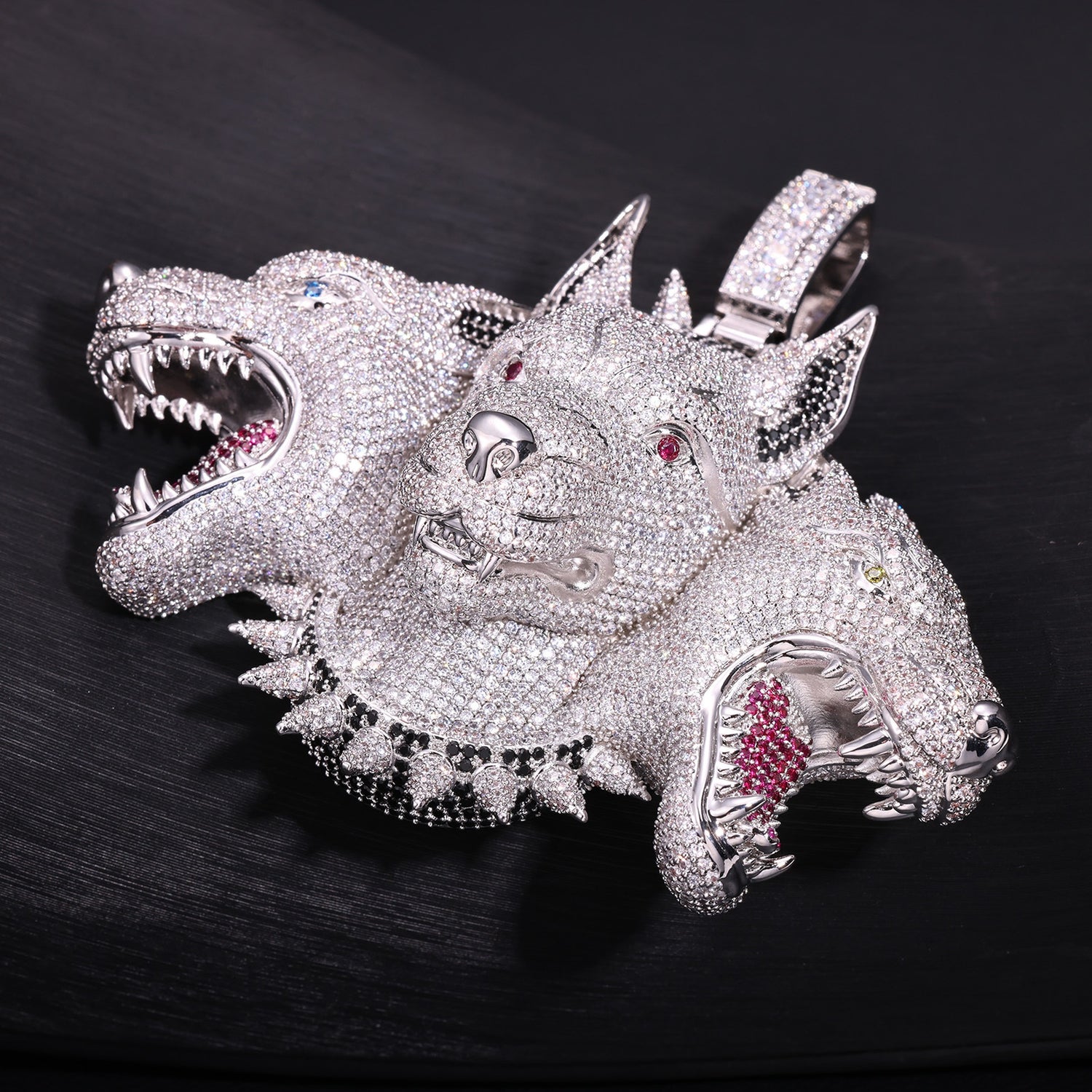 Silver iced Cerberus pendant three-head stone detail angle