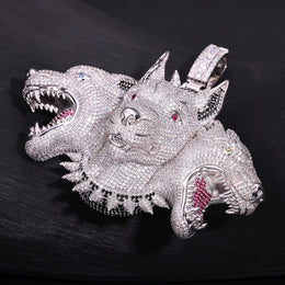Silver iced Cerberus pendant three-head stone detail angle