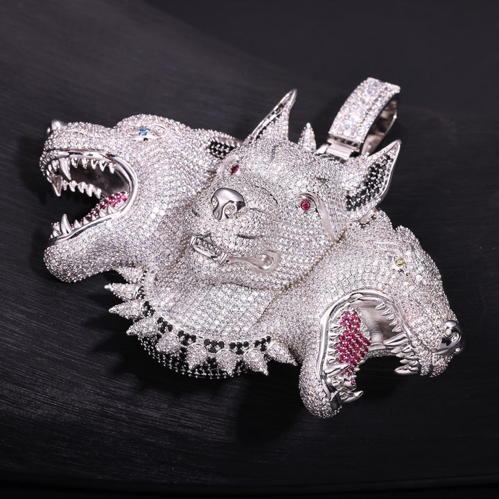 Silver iced Cerberus pendant three-head stone detail angle