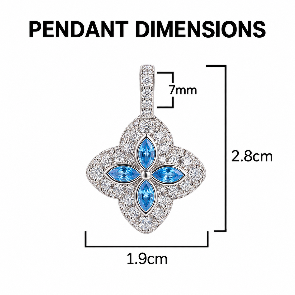 Aqua-blue four-leaf clover pendant dimensions: 2.8cm high, 1.9cm wide and 7mm inner bail opening