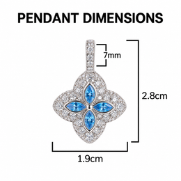 Aqua-blue four-leaf clover pendant dimensions: 2.8cm high, 1.9cm wide and 7mm inner bail opening