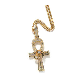 Gold Ankh Eye of Horus cross pendant with zircon detail