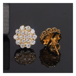 Gold 11mm flower moissanite stud earring front and screw-back view