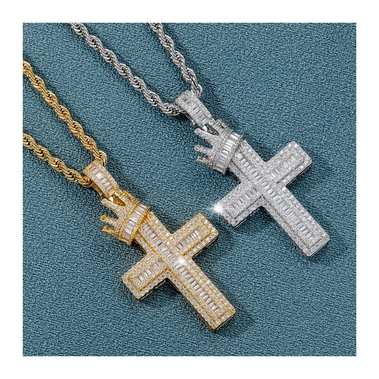 Gold and Silver iced crown cross pendants with baguette cut stones