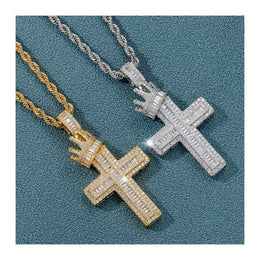 Gold and Silver iced crown cross pendants with baguette cut stones