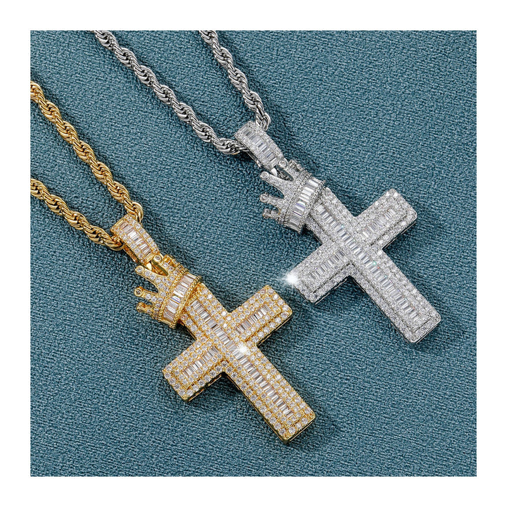 Gold and Silver iced crown cross pendants with baguette cut stones