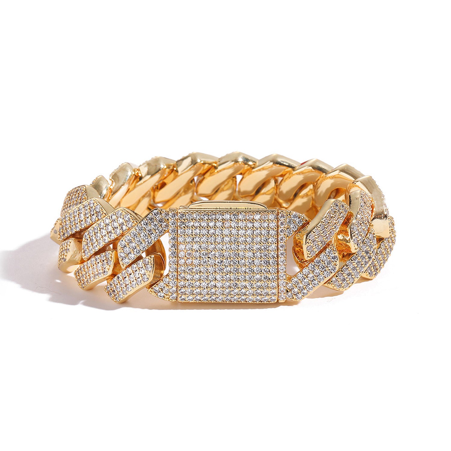 Gold 20mm iced Cuban link bracelet with three rows of CZ stones