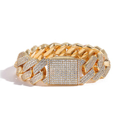 Gold 20mm iced Cuban link bracelet with three rows of CZ stones