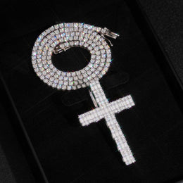 Silver iced moissanite cross pendant styled front view