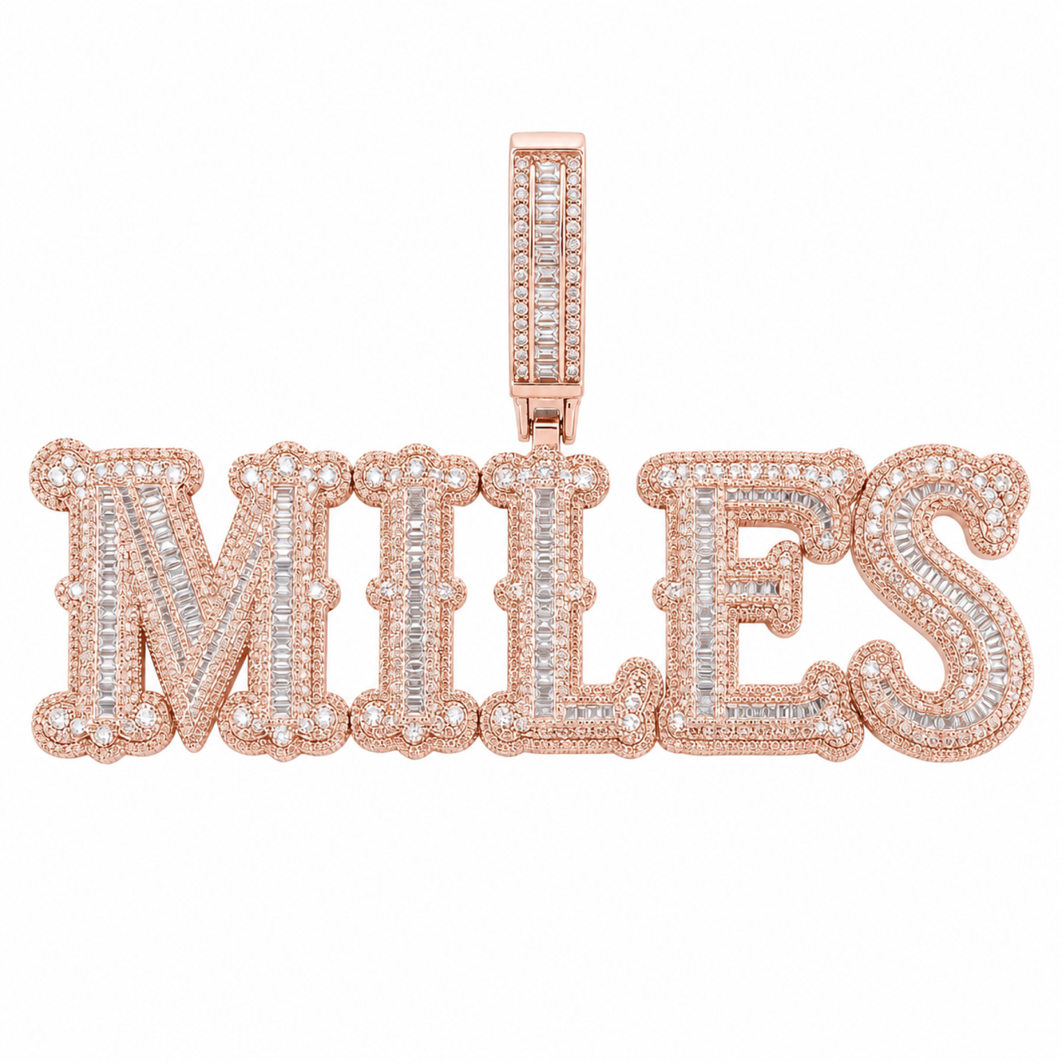 Rose gold custom MILES linked letter pendant with baguette zircon stones